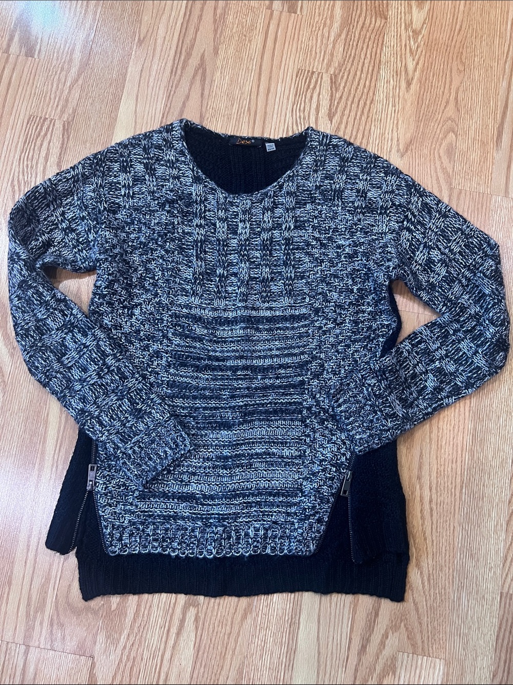 Dex Marled Black & White Crewneck Sweater with Side Zips